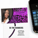 Purple Black Numbers Custom Professional Photo  Business Card<br><div class="desc">A purple and black numbers background on this design features a photo placeholder on the left with template name on the right. The back includes a coordinated design and colours with text fields for the business name and details. Replace the placeholder photo with your vertical format photograph. Fill in the...</div>