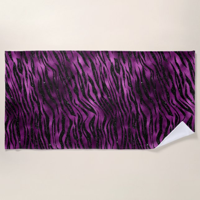 Purple & Black Ombre Glam Glitter Tiger Stripes Beach Towel (Front)