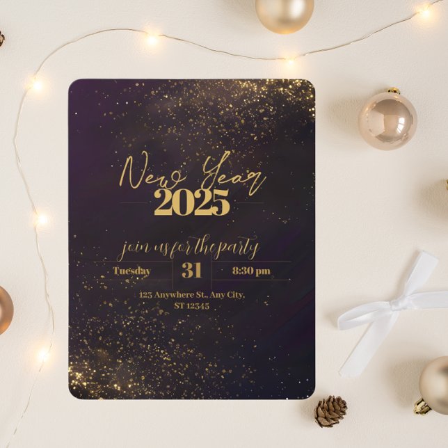 Purple Black Ombré Golden Sparkles Luxury New Year Invitation (Creator Uploaded)