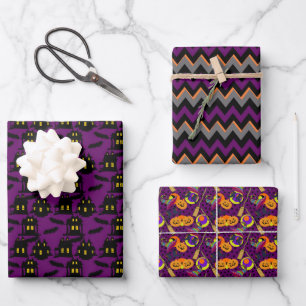 Purple, Black, Orange and Grey Halloween Mix Wrapping Paper Sheet