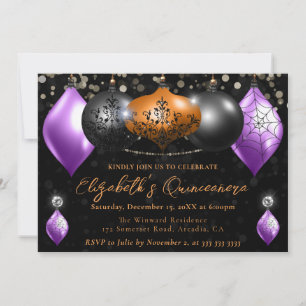 Purple Black, Orange Halloween Baubles Quinceanera Invitation