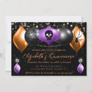 Purple Black, Orange Halloween Baubles Quinceanera Invitation