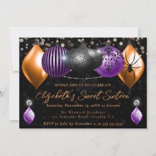 Purple, Black, Orange Halloween Baubles Sweet 16 Invitation