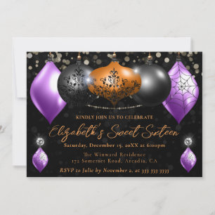 Purple, Black, Orange Halloween Baubles Sweet 16 Invitation