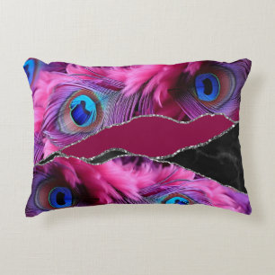 Purple Black Peafowl Marble Agate Glam  Decorative Cushion