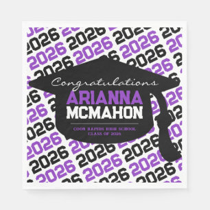 Purple & Black Personalised Graduation Cap Paper Napkin