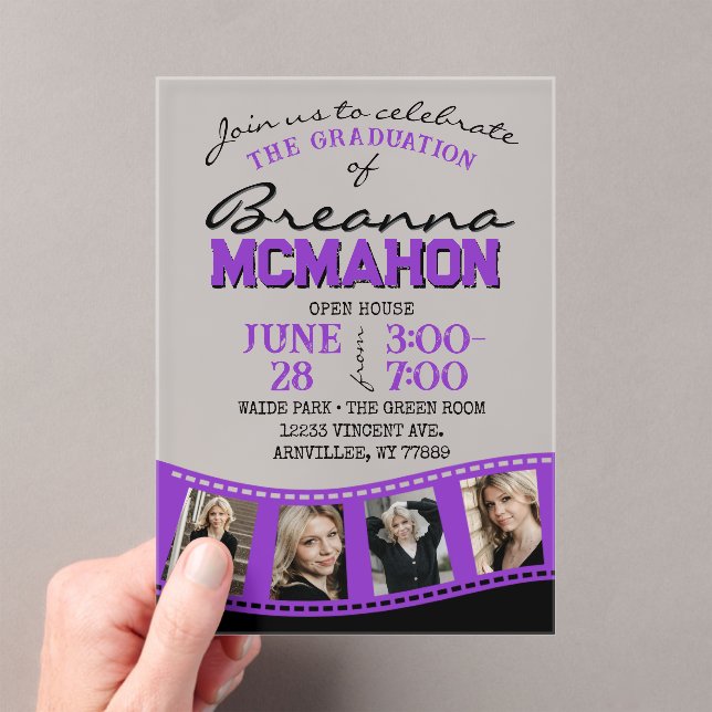 Purple & Black Photo Graduation Filmstrip Frosted Acrylic Invitations (Insitu (Handheld))