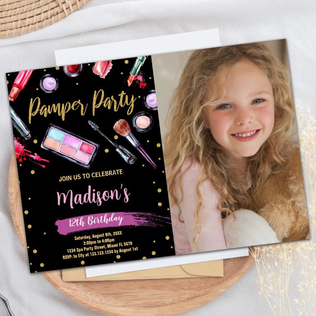 Purple Black Photo Pamper Party Birthday Invitation (Purple Black Photo Pamper Party Birthday Invitation)
