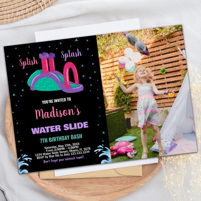 Purple Black Pink Photo Water Slide Birthday Invitation (Purple Black Pink Photo Water Slide Birthday Invitation)