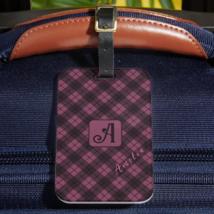 Purple Black Plaid Customise Name Luggage Tag