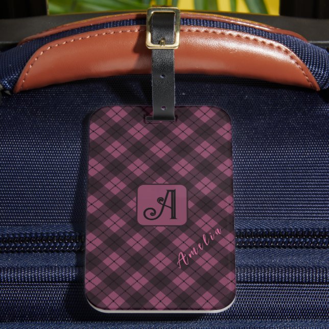 Purple Black Plaid Customise Name Luggage Tag (Front Insitu 2)