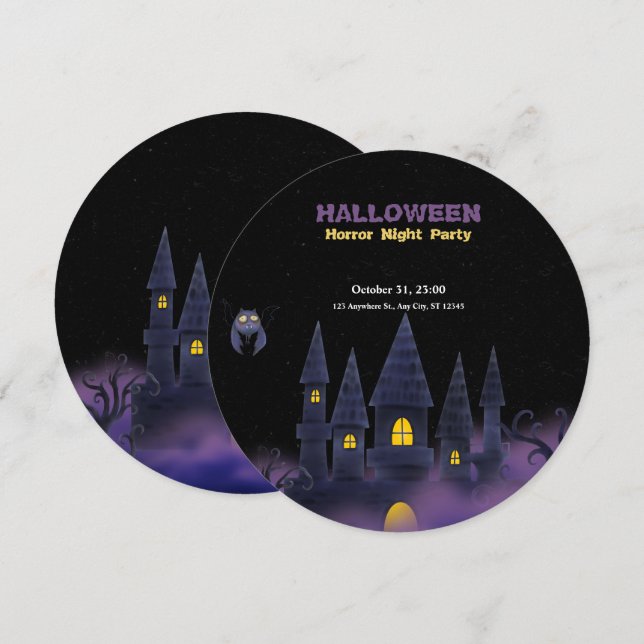 Purple Black Playful Fun Halloween ( sm. circle) Invitation (Front/Back)