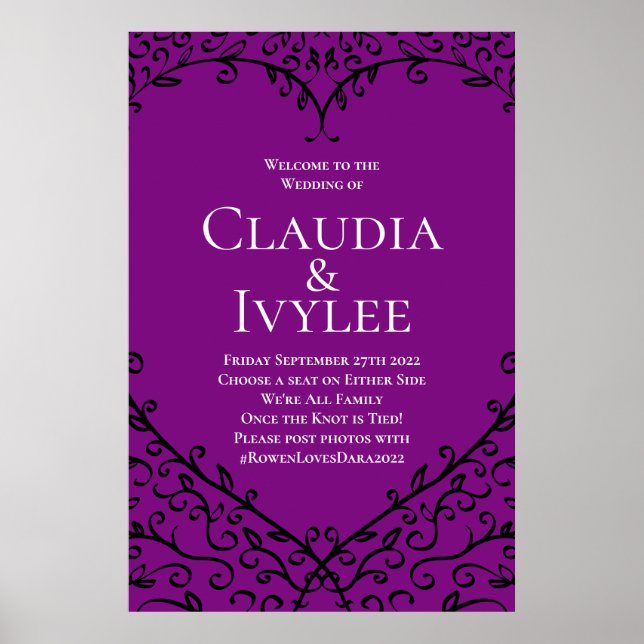 Purple & Black Rose Gothic Wedding Ceremony Sign (Front)