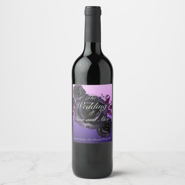 Purple Black Rose Modern Goth Watercolor Wine Label (Front)