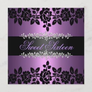 Purple & Black Rose Sweet 16 Birthday Invitation