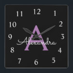 Purple Black Script Girly Monogram Name<br><div class="desc">Purple and Black Script Monogram Name Clock. This makes the perfect sweet 16 birthday,  wedding,  bridal shower,  anniversary,  baby shower or bachelorette party gift for someone that loves glam luxury and chic styles.</div>