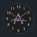 Purple Black Script Girly Monogram Name<br><div class="desc">Purple and Black Simple Script Monogram Name Clock. This makes the perfect sweet 16 birthday,  wedding,  bridal shower,  anniversary,  baby shower or bachelorette party gift for someone that loves glam luxury and chic styles.</div>