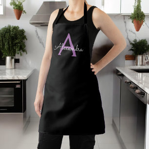 Purple Black Script Girly Monogram Name Apron