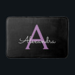 Purple Black Script Girly Monogram Name Bath Mat<br><div class="desc">Black and Purple Simple Script Monogram Name Bath Mats. This makes the perfect graduation,  birthday,  wedding,  bridal shower,  anniversary,  baby shower or bachelorette party gift for someone that loves glam luxury and chic styles.</div>