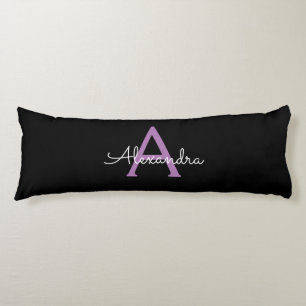 Purple Black Script Girly Monogram Name Body Cushion