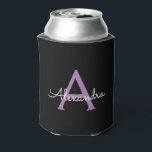 Purple Black Script Girly Monogram Name Can Cooler<br><div class="desc">Black and Purple Simple Script Elegant Birthday or Bachelorette Party Can Coolers. These Wedding,  Bridal Shower or Birthday Party Can Coolers can be customised to include your first name. Please contact the designer for customised matching items.</div>