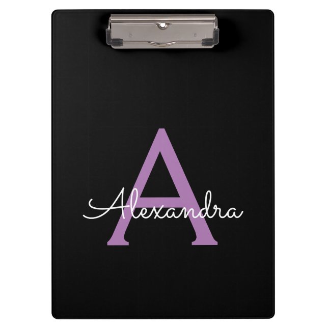 Purple Black Script Girly Monogram Name Clipboard (Front)