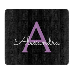 Purple Black Script Girly Monogram Name Cutting Board