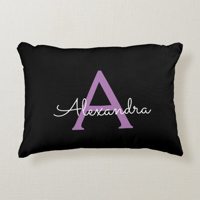Purple Black Script Girly Monogram Name Decorative Cushion (Front)