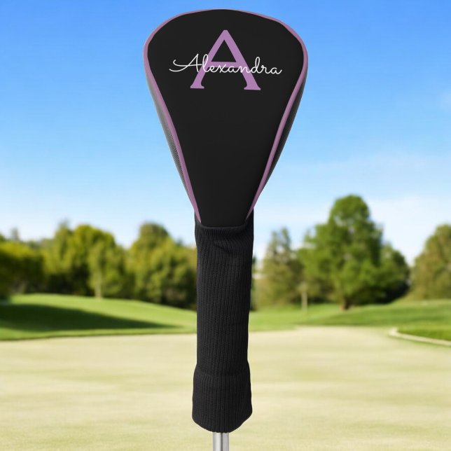 Purple Black Script Girly Monogram Name Golf Head Cover (Creator Uploaded)