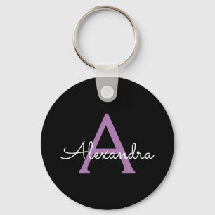 Purple Black Script Girly Monogram Name Key Ring