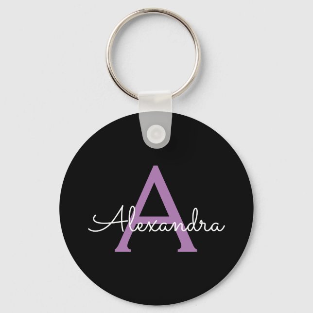 Purple Black Script Girly Monogram Name Key Ring (Front)