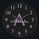 Purple Black Script Girly Monogram Name Large Clock<br><div class="desc">Purple and Black Simple Script Monogram Name Clock. This makes the perfect sweet 16 birthday,  wedding,  bridal shower,  anniversary,  baby shower or bachelorette party gift for someone that loves glam luxury and chic styles.</div>