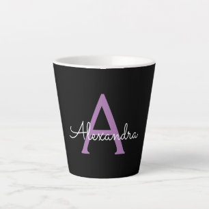 Purple Black Script Girly Monogram Name Latte Mug