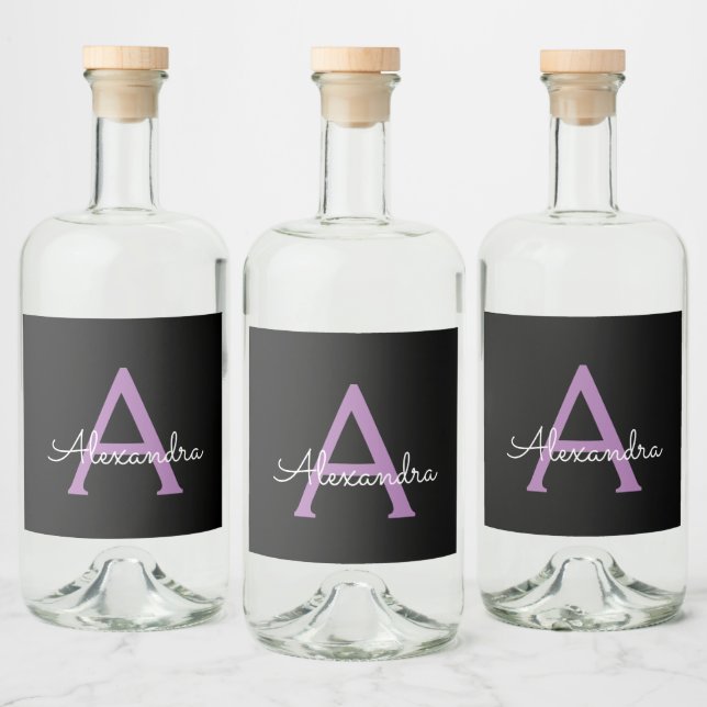Purple Black Script Girly Monogram Name Liquor Bottle Label (Bottles)