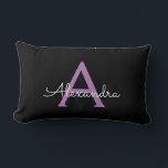 Purple Black Script Girly Monogram Name Lumbar Cushion<br><div class="desc">Purple and Black Monogram Add Your Own Name Lumbar Pillow. This makes the perfect sweet 16 birthday,  wedding,  bridal shower,  anniversary,  baby shower or bachelorette party gift for someone that loves glam luxury and chic styles.</div>