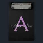 Purple Black Script Girly Monogram Name Mini Clipboard<br><div class="desc">Black and Purple Name Planning Clipboard. This makes the perfect sweet 16 birthday,  wedding,  bridal shower,  anniversary,  baby shower or bachelorette party gift for someone that loves glam luxury and chic styles.</div>