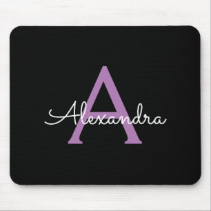 Purple Black Script Girly Monogram Name Mouse Pad