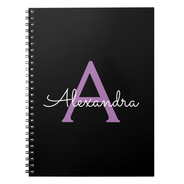 Purple Black Script Girly Monogram Name Notebook (Front)