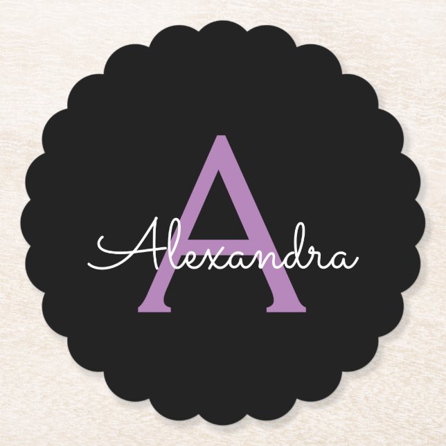 Purple Black Script Girly Monogram Name Paper Coaster (Front)