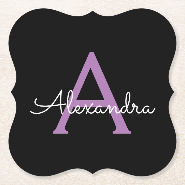 Purple Black Script Girly Monogram Name Paper Coaster (Front)