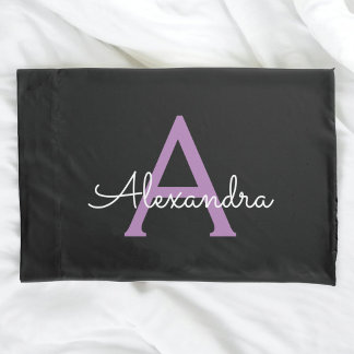 Purple Black Script Girly Monogram Name Pillowcase