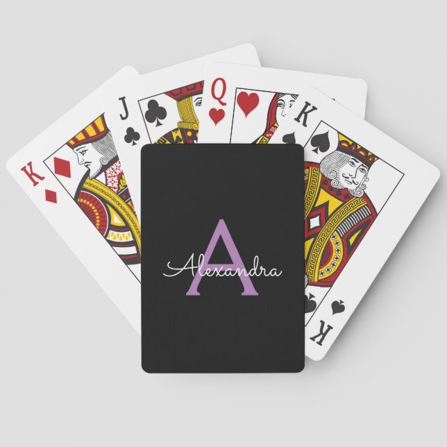 Purple Black Script Girly Monogram Name Playing Cards (Back)