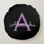 Purple Black Script Girly Monogram Name Round Cushion<br><div class="desc">Black and Purple Simple Script Monogram Name Pouf Pillow. The pillow makes the perfect sweet 16 birthday,  wedding,  bridal shower,  baby shower or bachelorette party gift for someone decorating her room in rose gold.</div>