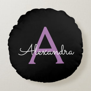Purple Black Script Girly Monogram Name Round Cushion