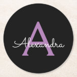 Purple Black Script Girly Monogram Name Round Paper Coaster<br><div class="desc">Black and Purple Simple Script Monogram Name Paper Coasters. This makes the perfect graduation,  birthday,  wedding,  bridal shower,  anniversary,  baby shower or bachelorette party gift for someone that loves glam luxury and chic styles.</div>