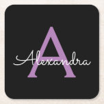Purple Black Script Girly Monogram Name Square Paper Coaster<br><div class="desc">Black and Purple Simple Script Monogram Name Paper Coasters. This makes the perfect graduation,  birthday,  wedding,  bridal shower,  anniversary,  baby shower or bachelorette party gift for someone that loves glam luxury and chic styles.</div>
