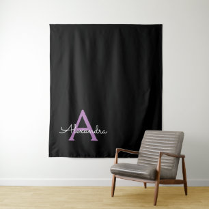 Purple Black Script Girly Monogram Name Tapestry