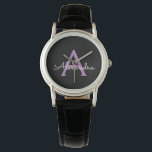 Purple Black Script Girly Monogram Name Watch<br><div class="desc">Black and Purple Simple Script Monogram Name Watch. This makes the perfect graduation,  birthday,  wedding,  bridal shower,  anniversary,  baby shower or bachelorette party gift for someone that loves glam luxury and chic styles.</div>