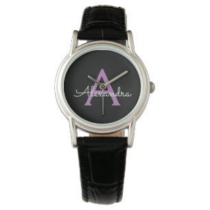 Purple Black Script Girly Monogram Name Watch