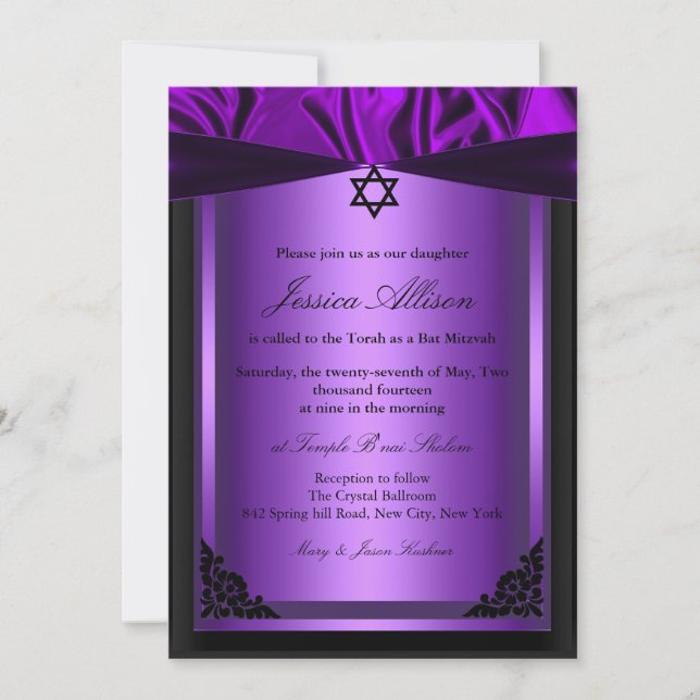 Purple & Black Silk bat mitzvah Invitation (Front)